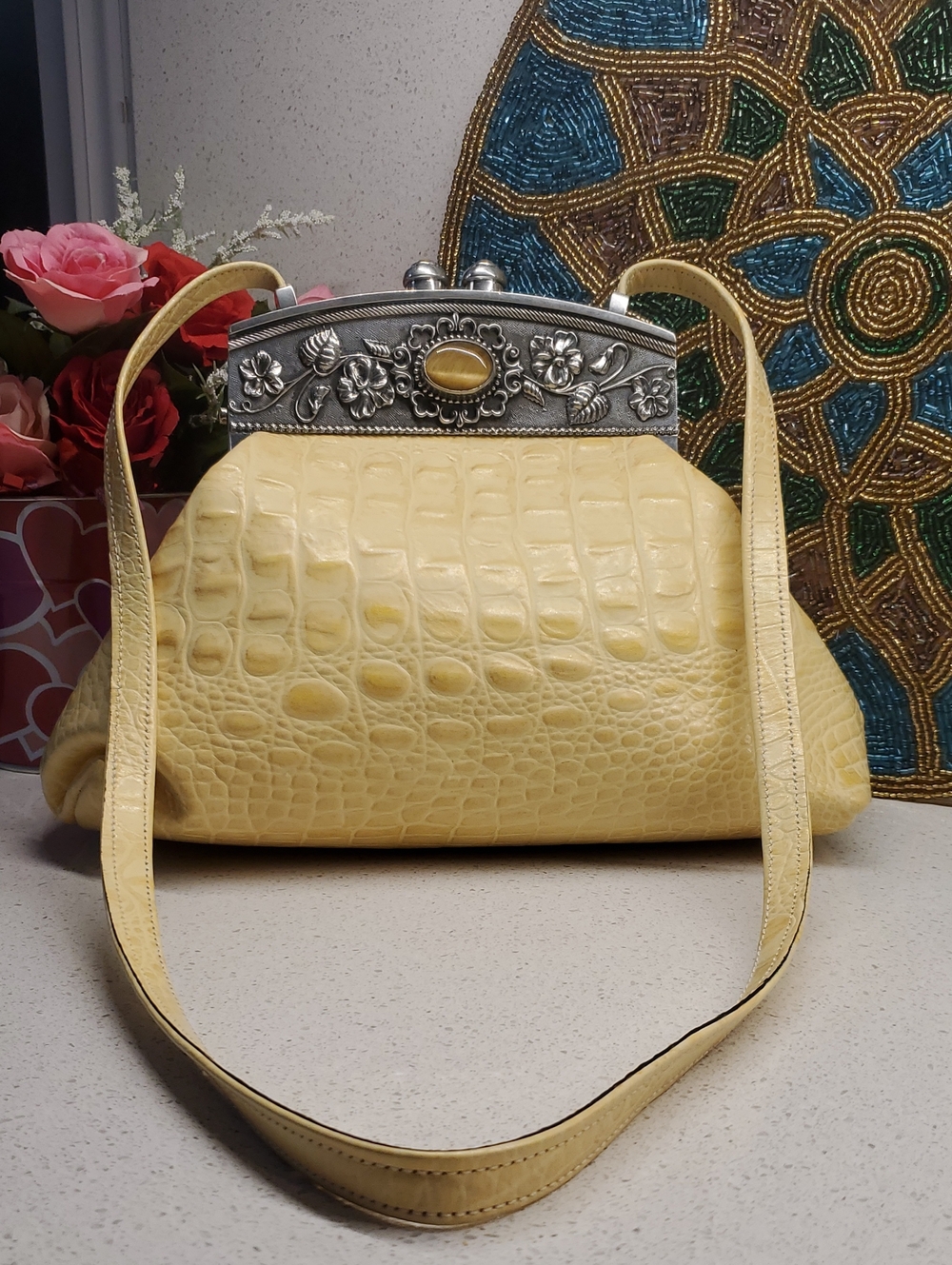 Vintage James Culver MOULIN ROUGE Yellow Croc-Embossed Shoulder Bag